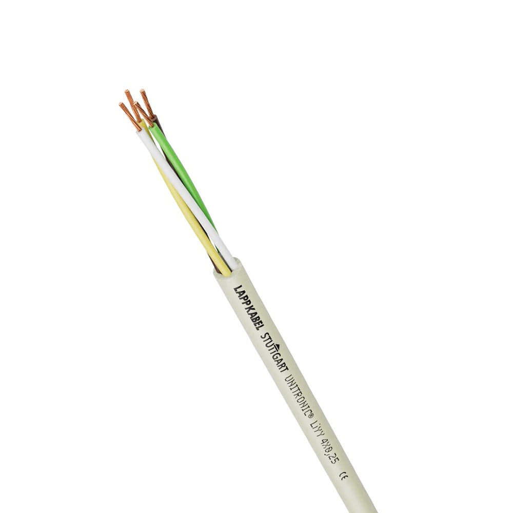 Grau ummanteltes Datenkabel mit vier Adern: grün, weiß, gelb und braun; Leiter aus Kupfer