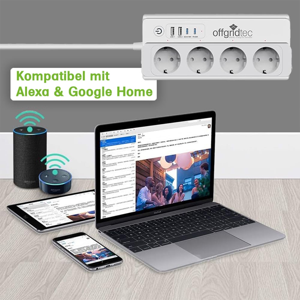 Offgridtec smart 4-way socket strip + 2x USB-A and 2x USB-C connection with Smart Life or Tuya app - 1.5m cable