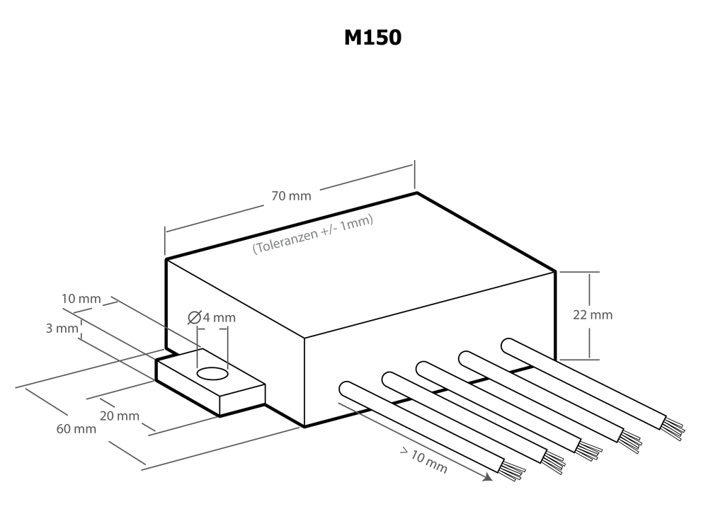Technische Zeichnung des Kemo DC+Puls Converters M150 mit seinen Abmessungen: 70x22x60mm