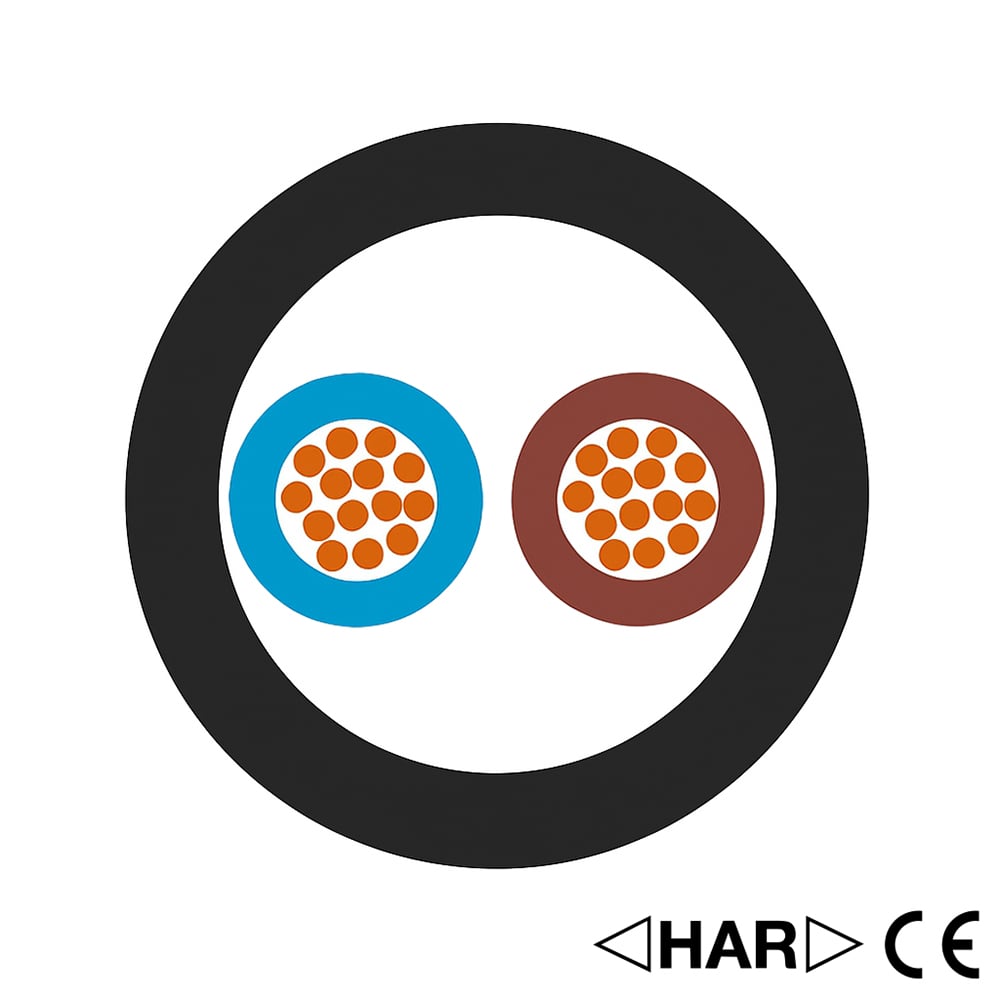 Grafik: Querschnitt der 2-adrigen Steuerleitung, HAR- und CE-Zeichen