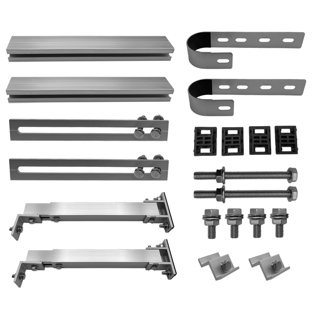Bestandteile des Solarmodul-Halter-Sets; Schienen, Schrauben etc.