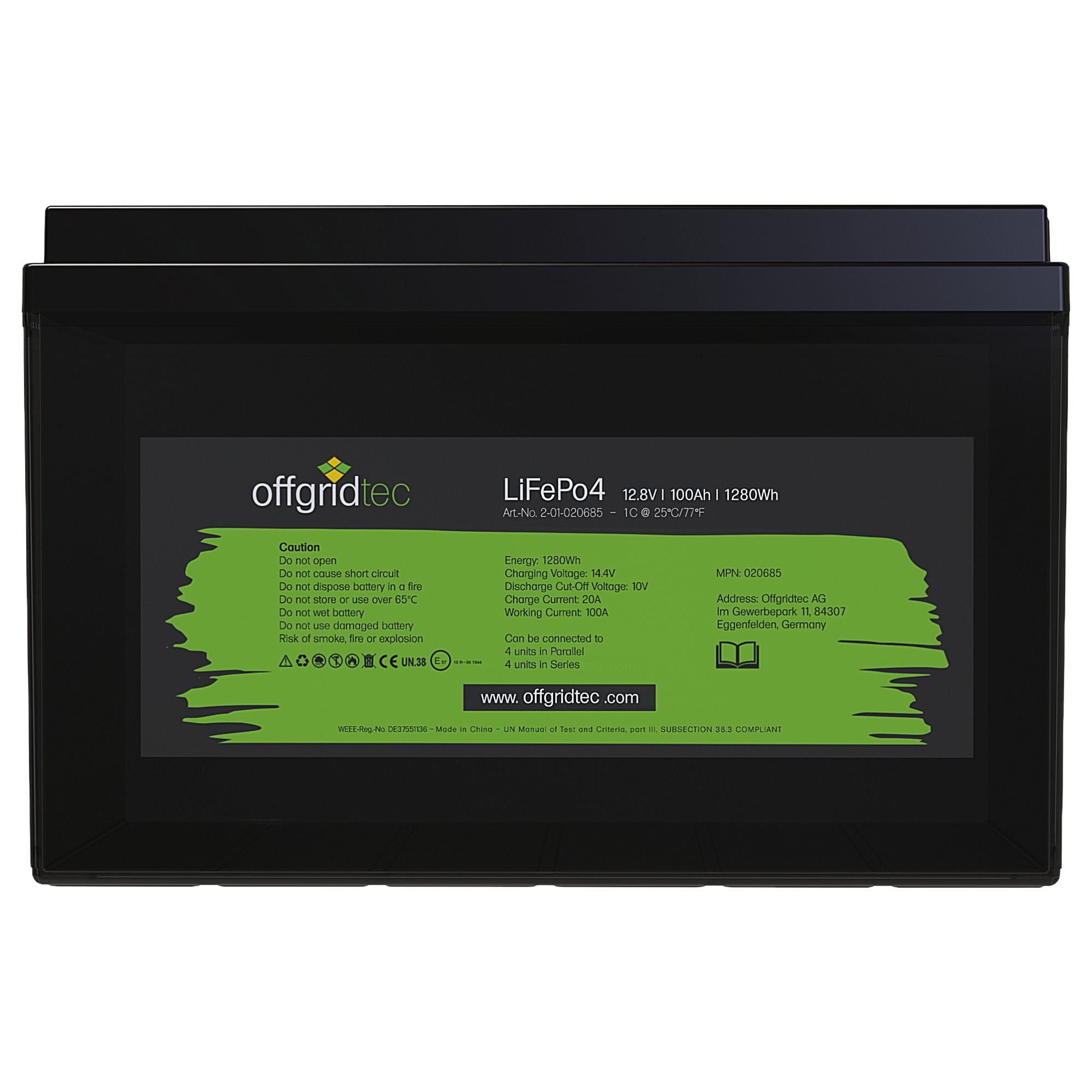 schwarze Offgridtec LiFePO4 Batterie 12V 100Ah Frontalansicht Etikett