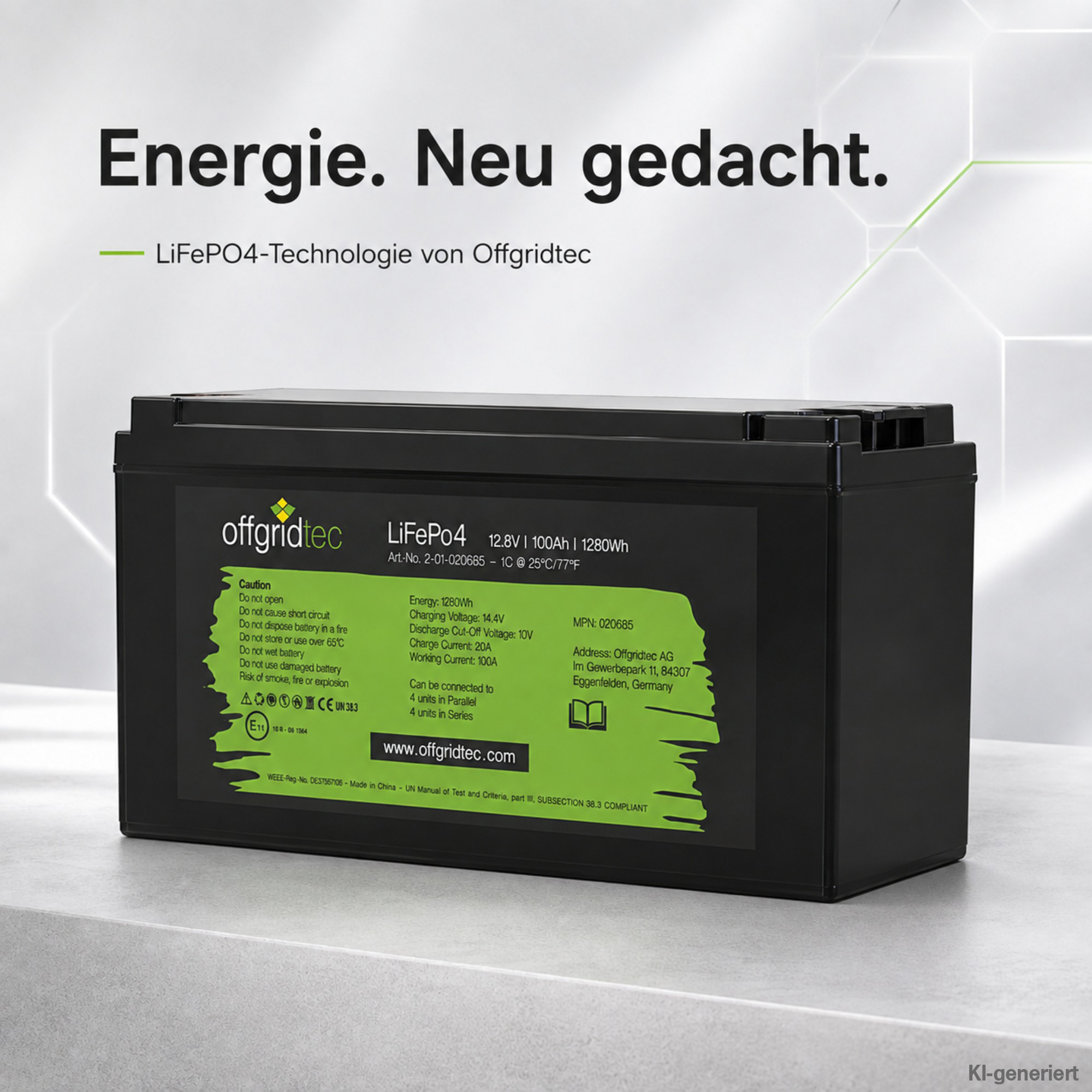 schwarze Offgridtec LiFePO4 Batterie 12V 100Ah auf grauem Untergrund