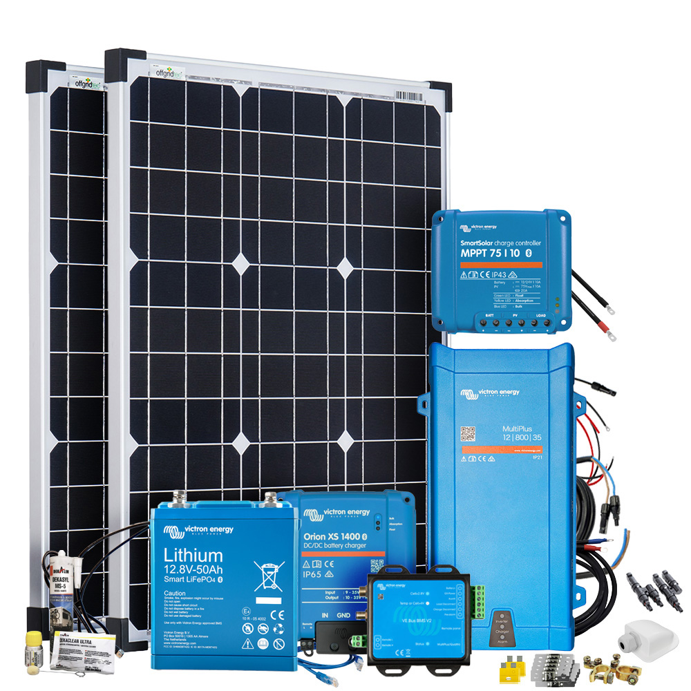Setansicht: 2 Solarmodule, Victron Batterie mit passendem BMS, MultiPlus, SmartSolar, Orion XS und umfangreichem Zubehör