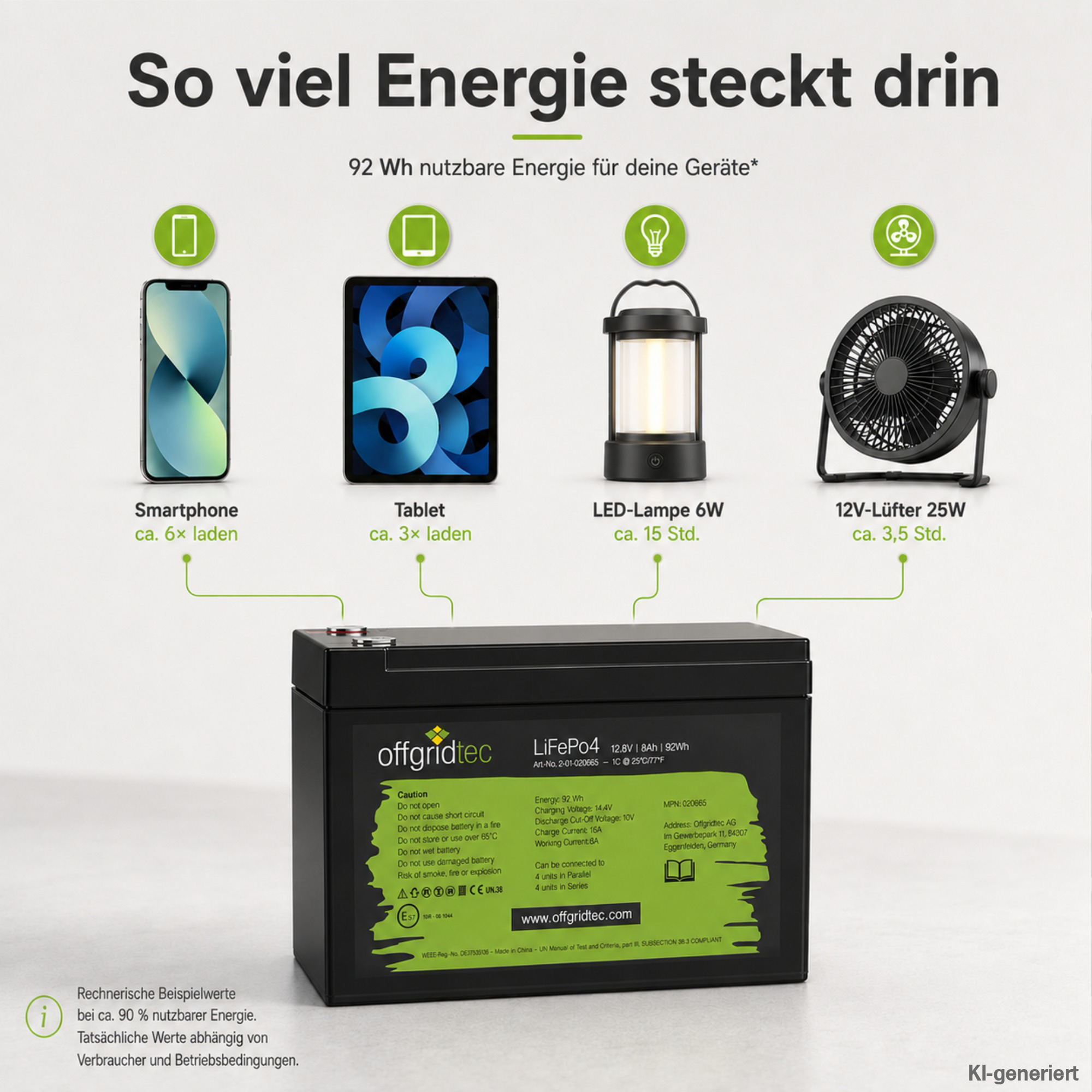 schwarze Offgridtec Batterie 12V 8Ah Energieberechnung