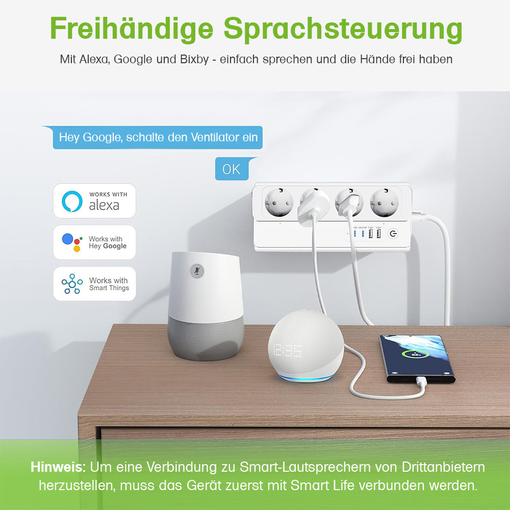 Offgridtec smart 4-way socket strip + 2x USB-A and 2x USB-C connection with Smart Life or Tuya app - 1.5m cable