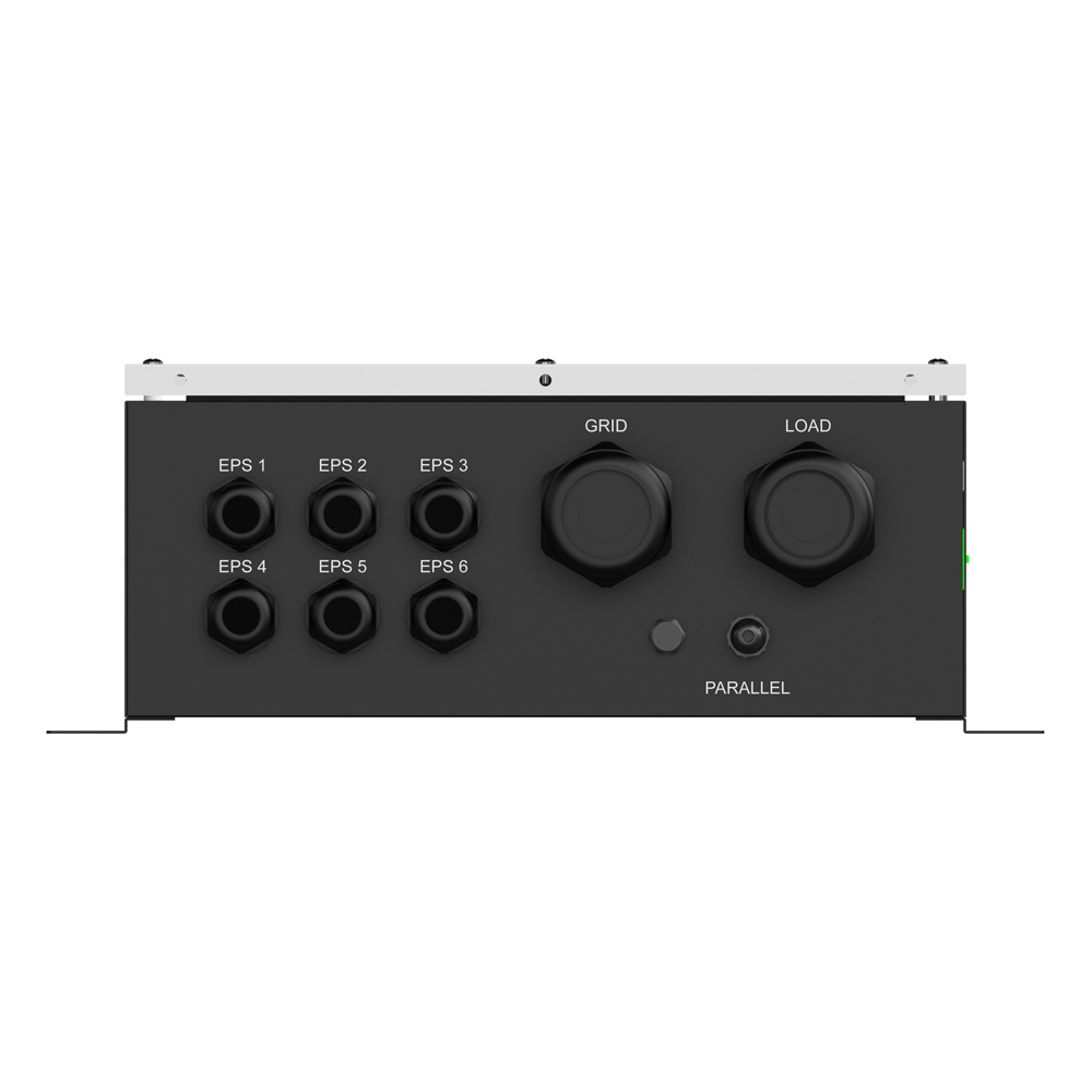 Unterseite der Solax X3-PBOX-300kW-G2 mit Kabelverschraubungen und Anschlüssen: EPS 1 bis 6, Grid, Load und Parallel