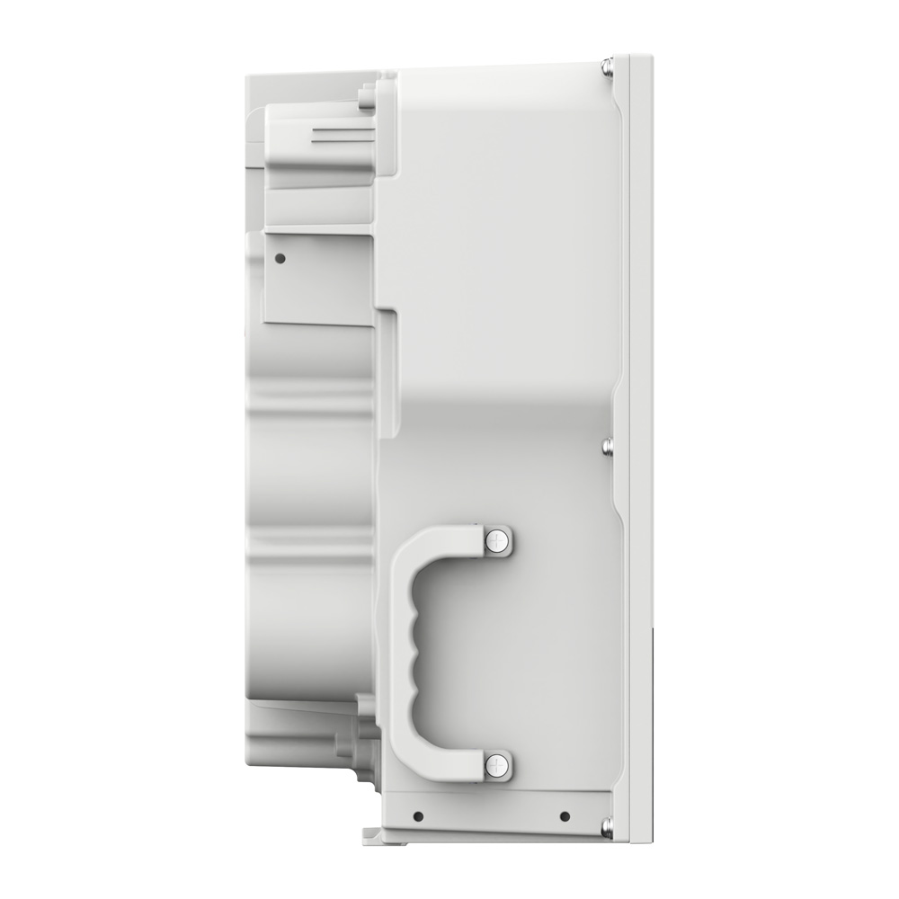 Seitenansicht von rechts: weißer Solax X3-IES-4K Inverter mit Griff