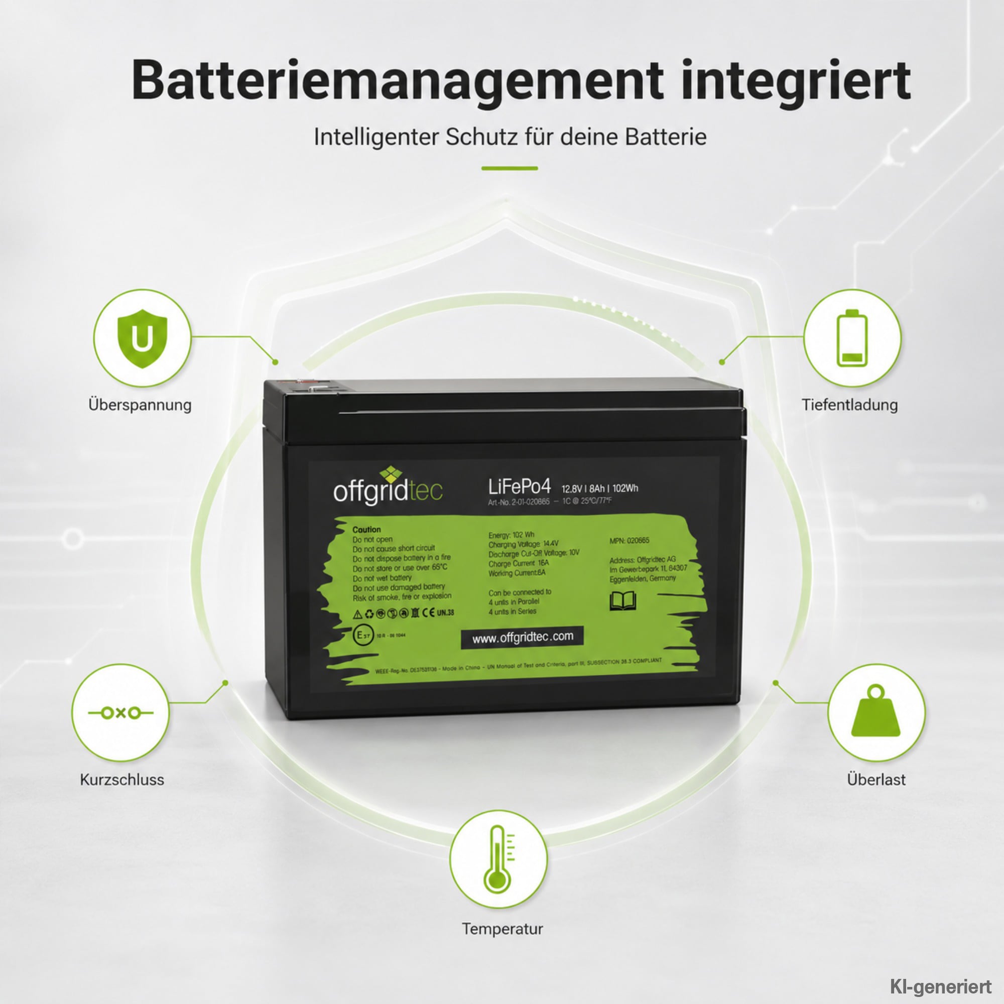 schwarze Offgridtec Batterie 12V 8Ah integriertes Batteriemanagement