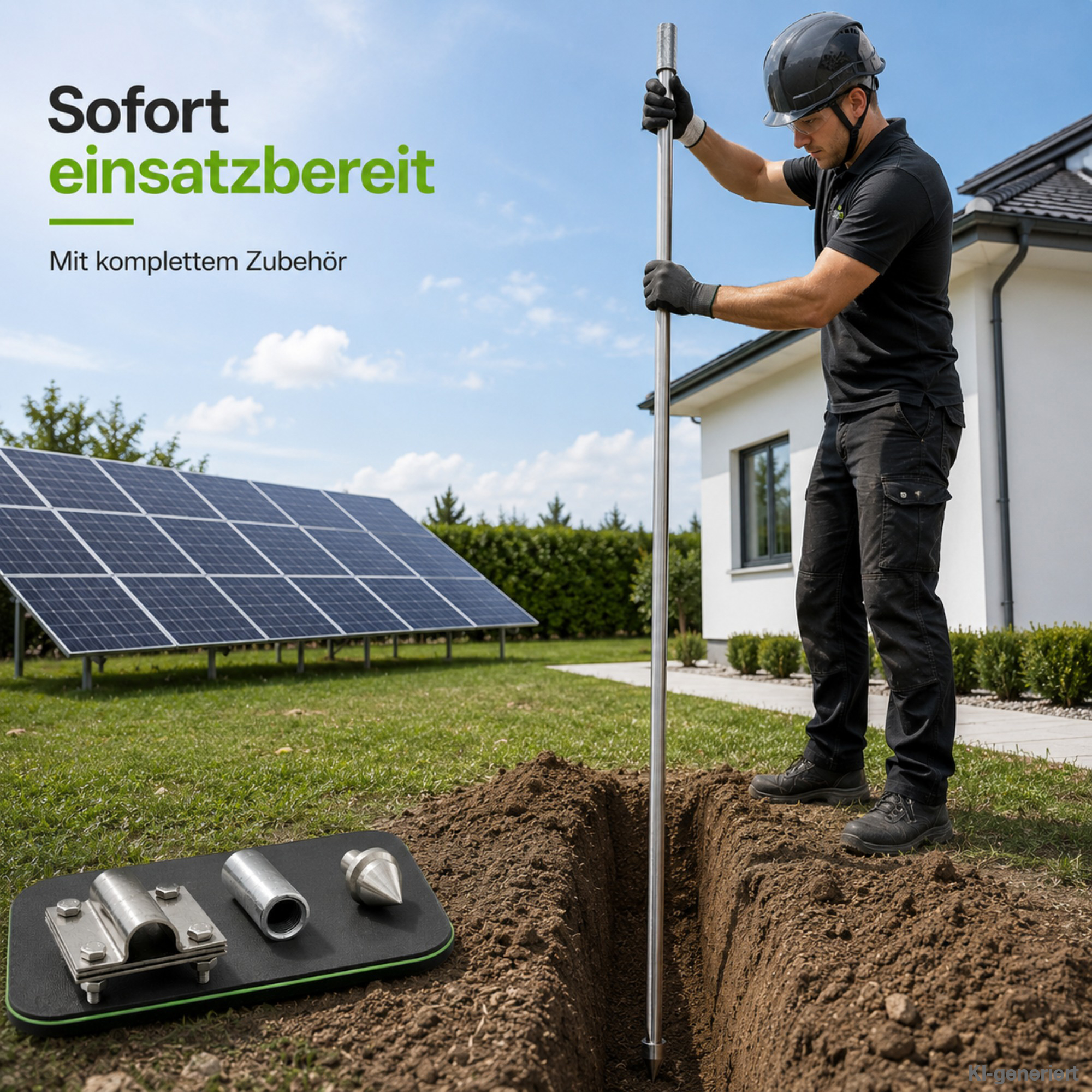 Erdungsspieß aus Edelstahl wird von Bauarbeiter in Erde gesteckt, Einschlagspitze, Kreuzeder-Klemme & Schutzadapter