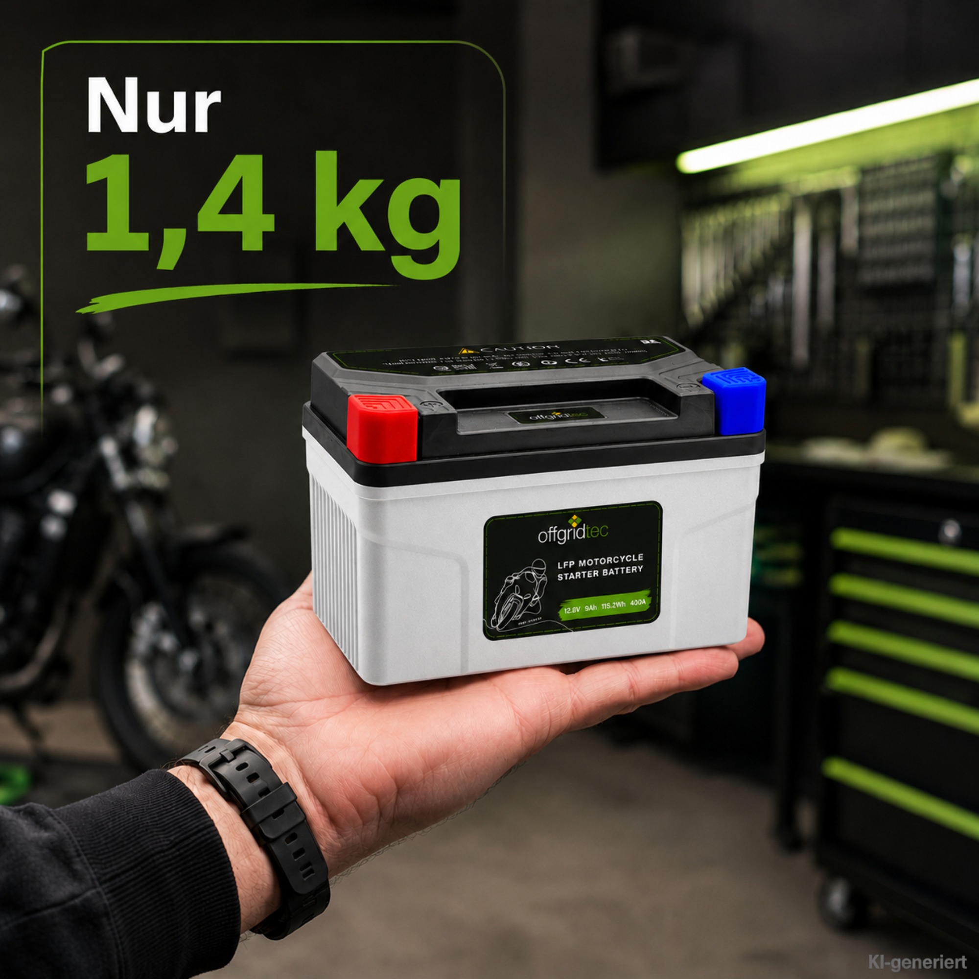 graue Motorradbatterie auf Hand in Werkstatt - nur 1,4kg