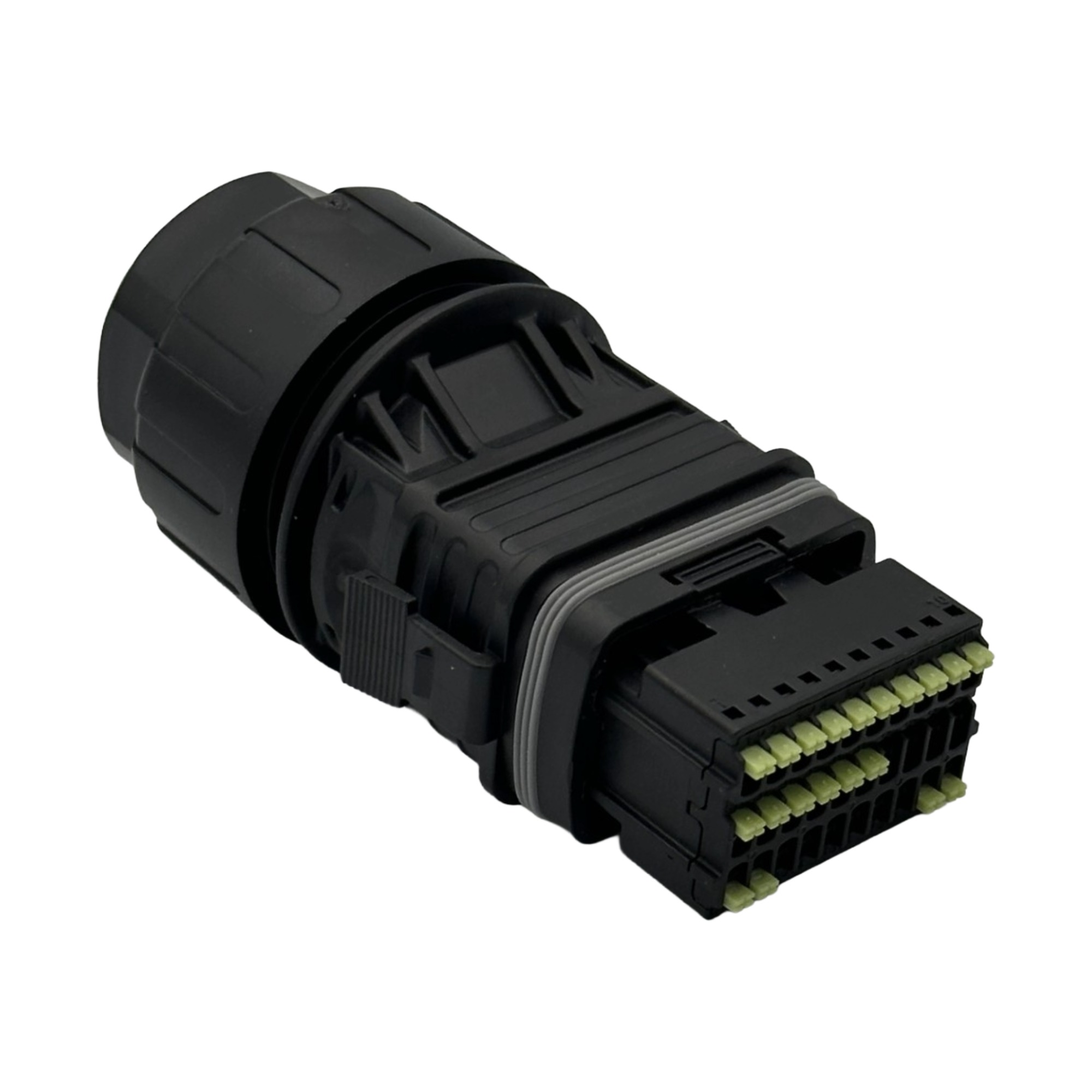schwarzer Kommunikationsstecker schräge Rückansicht