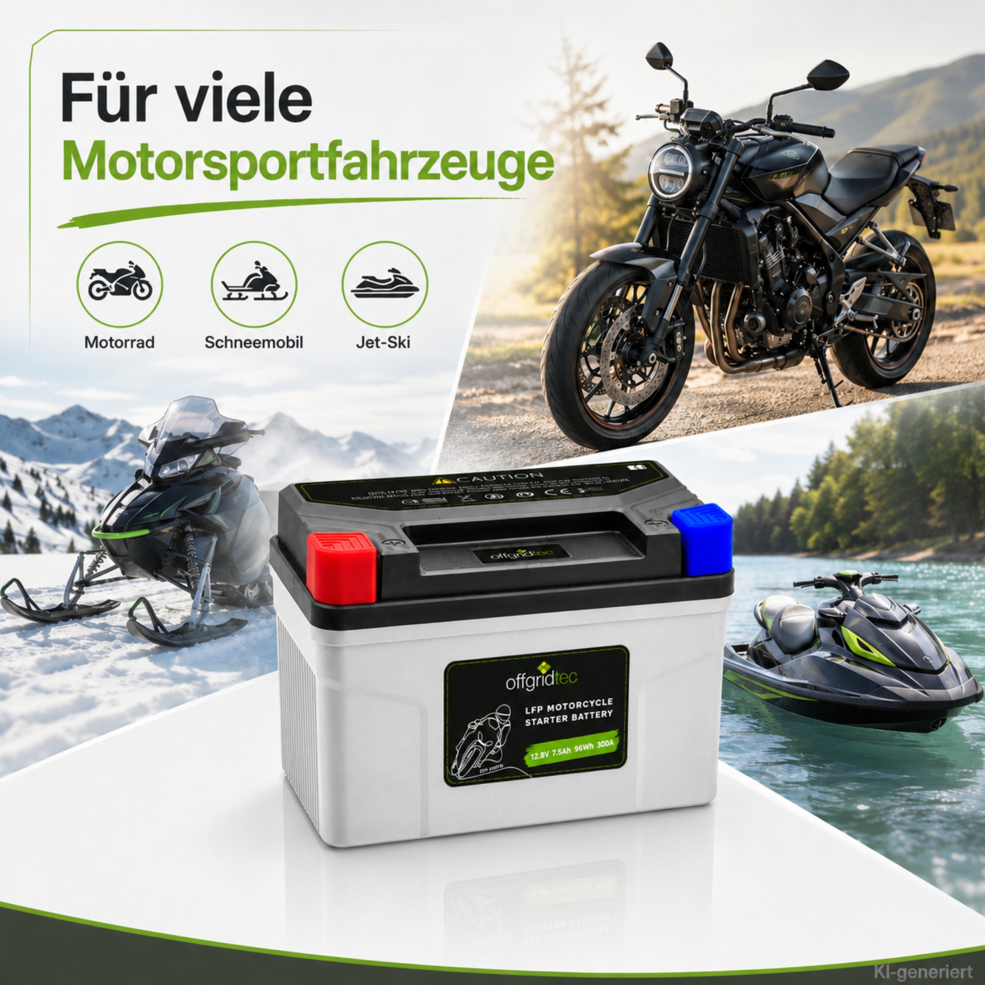 graue Motorradbatterie - mit verschiedenen Motorsportfahrzeugen