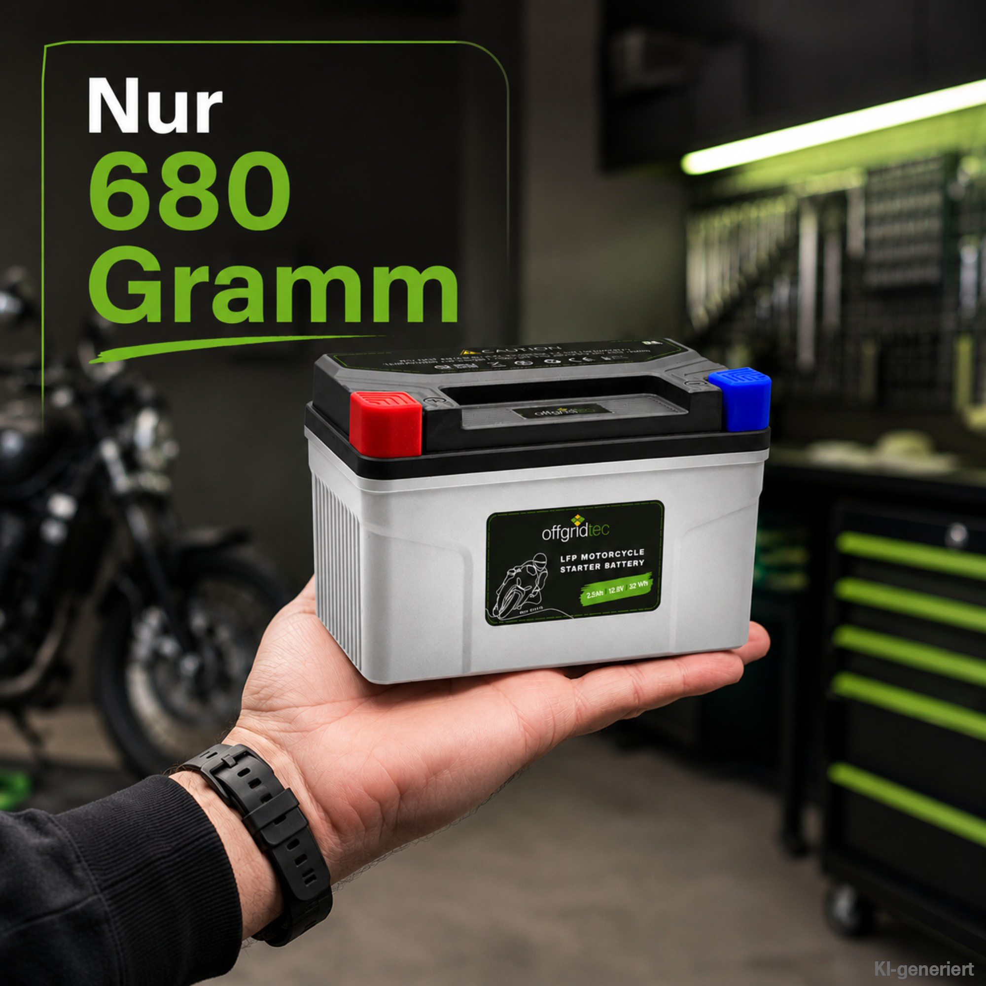 Motorradbatterie auf Hand in Werkstatt
