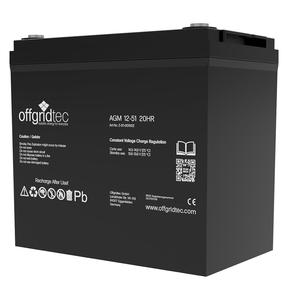 Schrägansicht: schwarze, rechteckige Offgridtec AGM 51Ah Solarbatterie