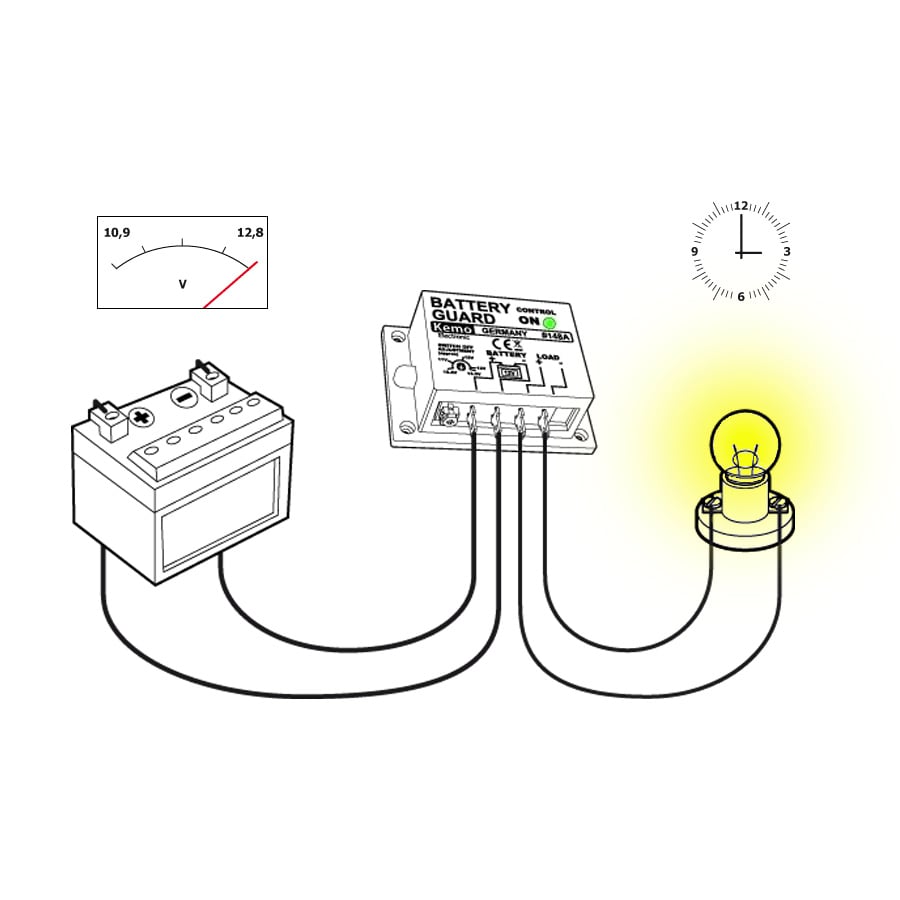 Technische Zeichnung des Kemo M148-24 Batteriewächters, verbunden mit Batterie und Glühbirne