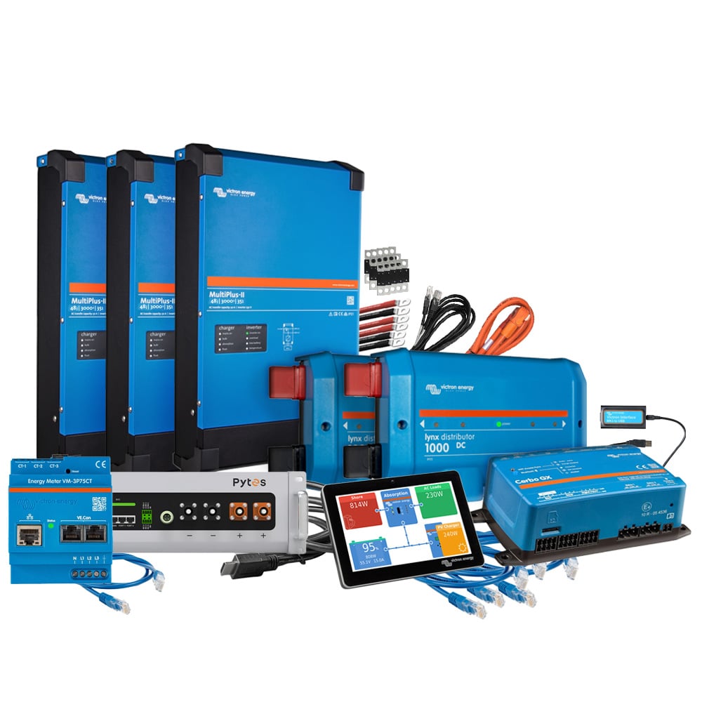 Offgridtec Kit de sauvegarde kit de mise à niveau 4,8 kWh avec batterie Pytes E-Box 4850-c Victron MultiPlus ii 48/3000 triphasé avec compteur électrique