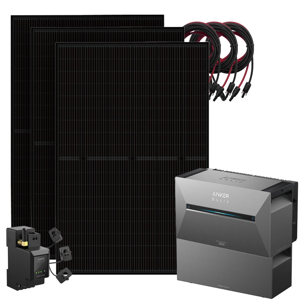 Setansicht: 3x Solarmodule, 1x Solix 3 Solarbank, 1x BP2700 Erweiterungsbatterie, 1x Stromzähler, 3x Kabel-Set