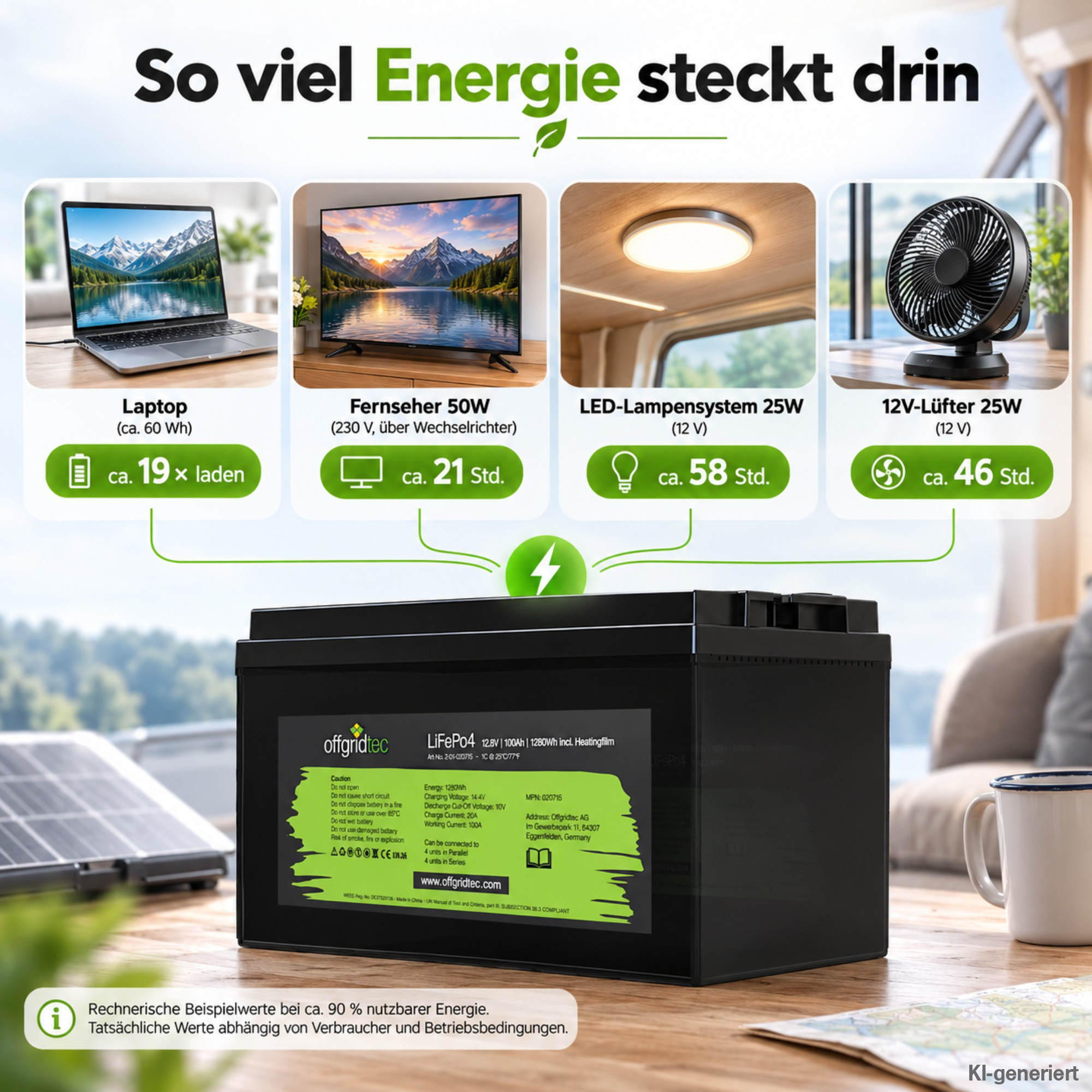 schwarze Offgridtec LiFePO4 Batterie 12V 100Ah mit Heizmatte Energieberechnung