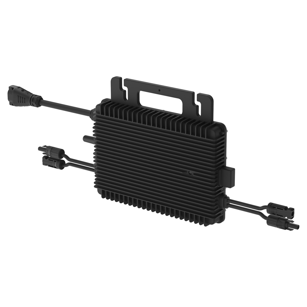 Rückansicht von rechts oben: Hoymiles HMS-800-2WB HiFlow Pro Inverter mit Anschlüssen und Montagelöchern in schwarz