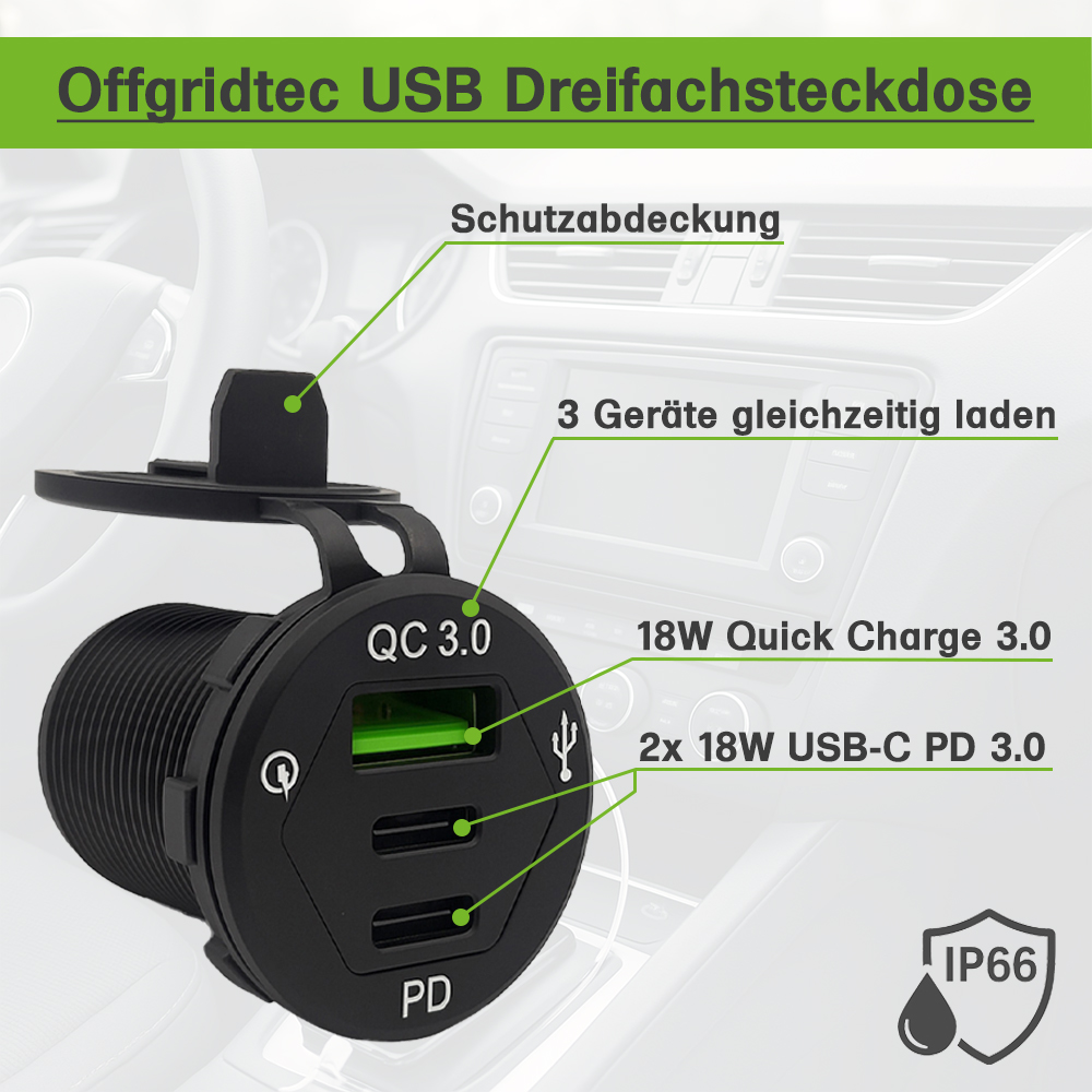 Offgridtec USB-Dreifachsteckdose 12V/24V 2x 18W USB-C und 1x 18W USB-A KFZ-Schnellladeadapter mit Abdeckung