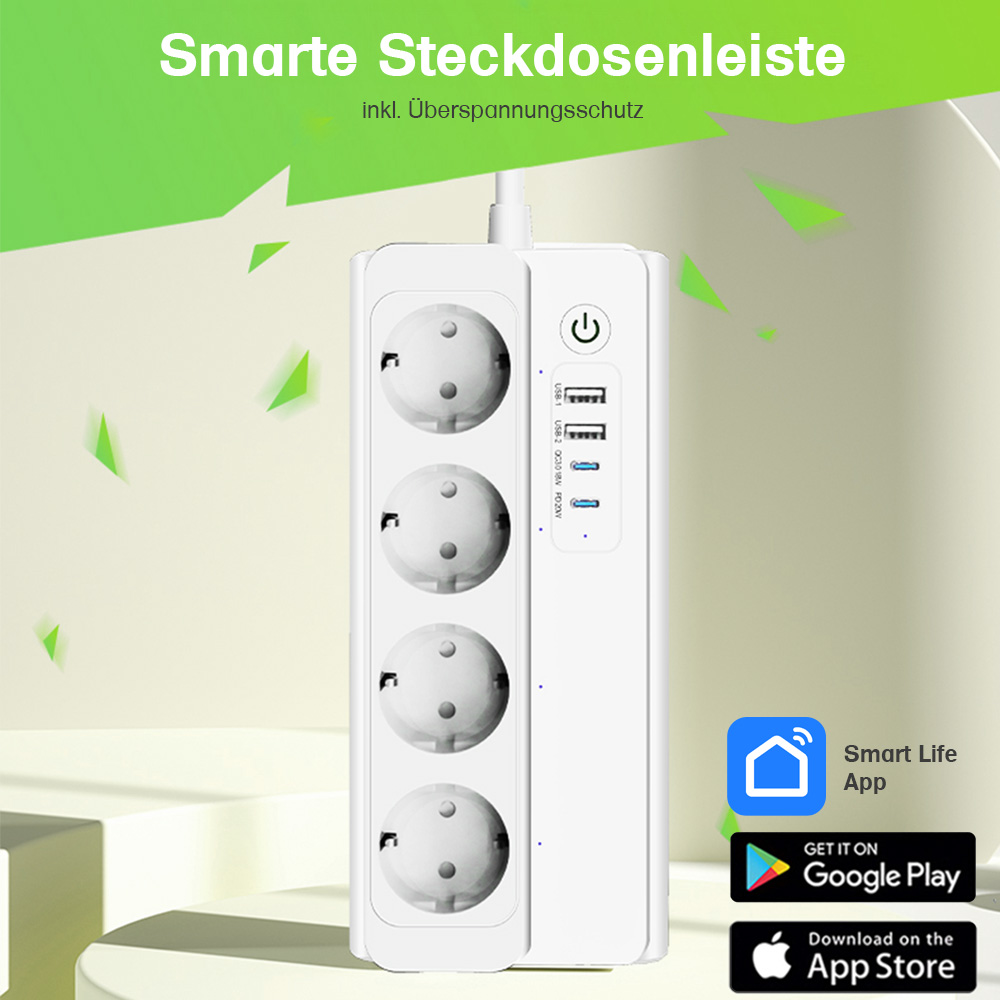 Offgridtec smart 4-way socket strip + 2x USB-A and 2x USB-C connection with Smart Life or Tuya app - 1.5m cable