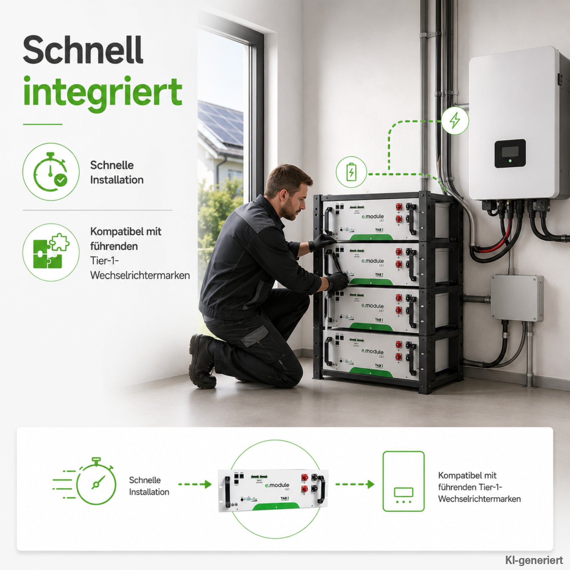 Turm mit vier weißen Batteriemodulen wird in Garage von Elektriker angeschlossen