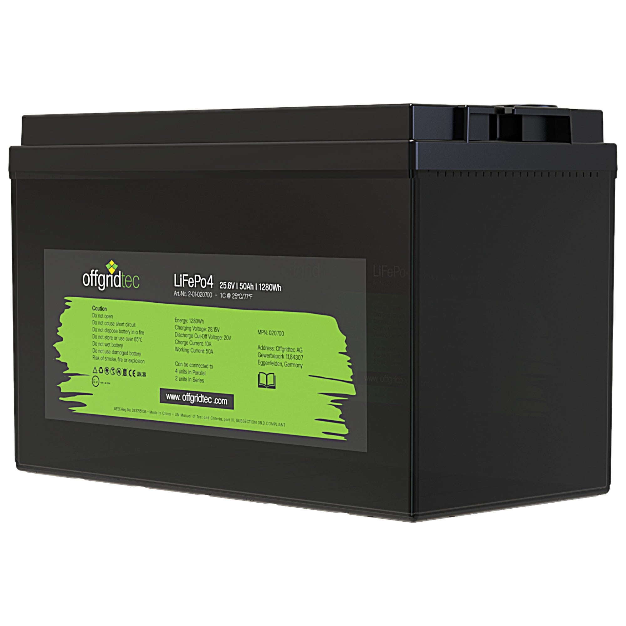 schwarze Offgridtec LiFePO4 Batterie 24V 50Ah schräge Frontansicht rechts