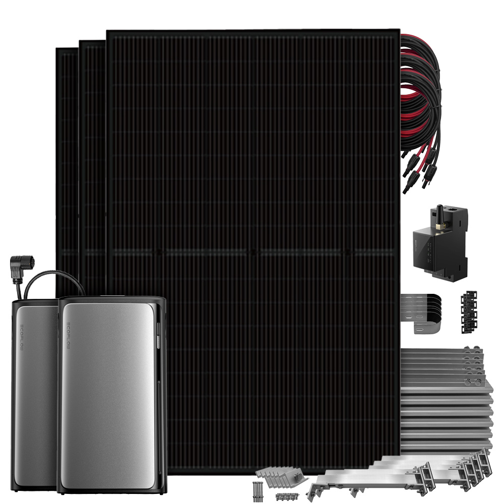 Setansicht: 3 Solarmodule, EcoFlow Stream Pro All-in-One System, AC Pro Batterie, Smart Meter, Kabeln und Balkon-Montageset