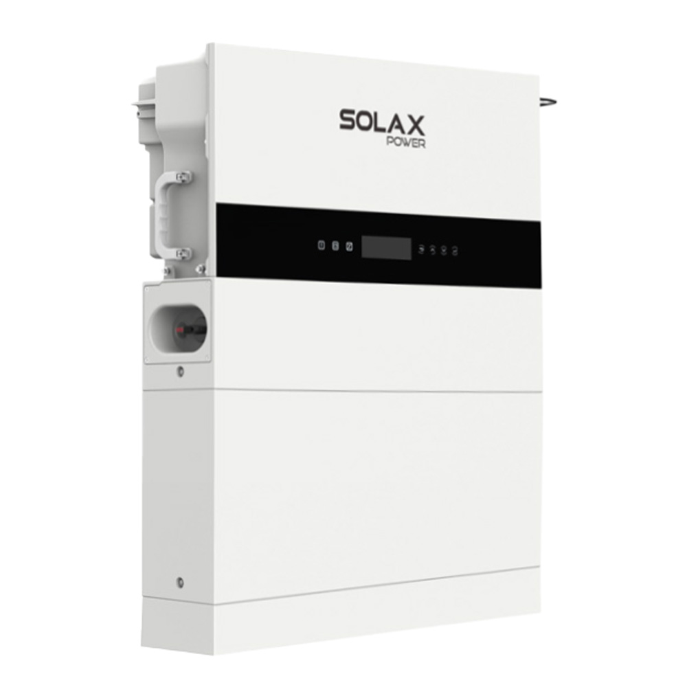 Schrägansicht von links: weißes Solax X1-IES Speichersystems mit Wechselrichter, 1 Batterie und BMS