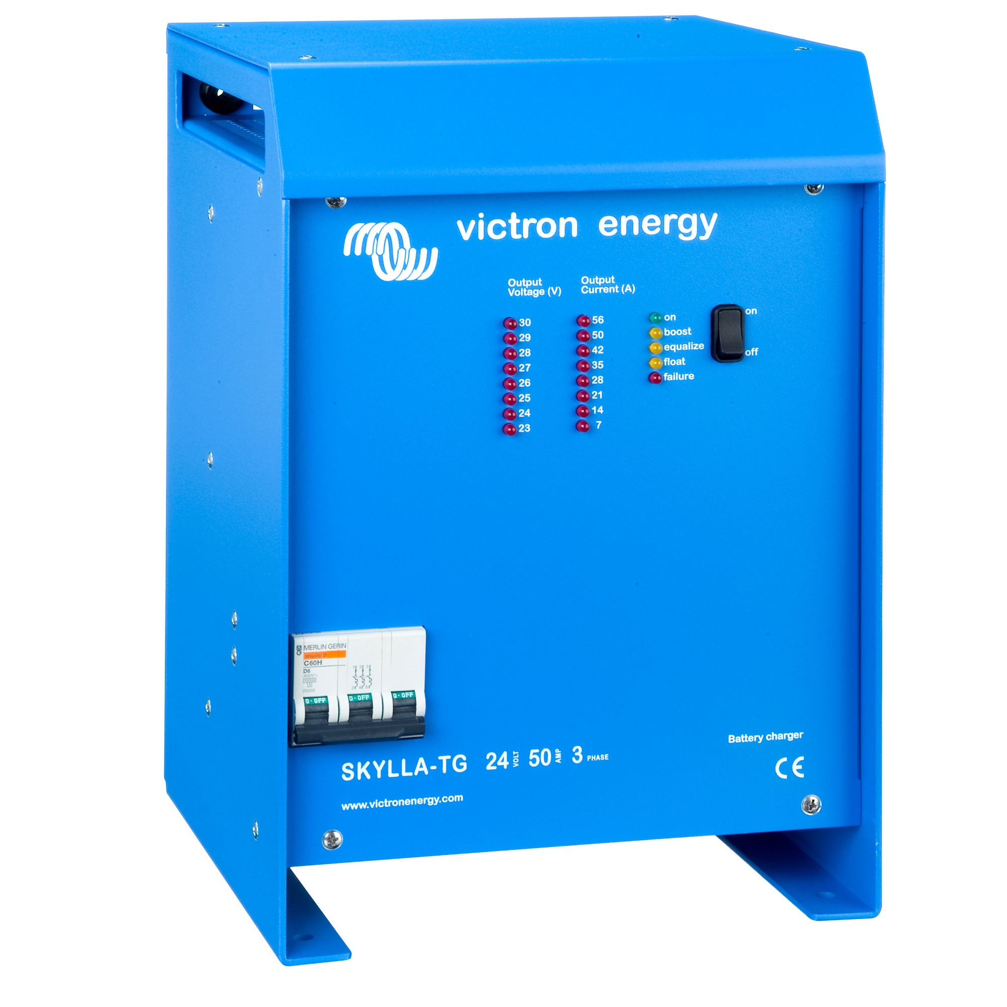 blaues Victron Skylla-TG Batterieladegerät 3-phasig schräge Frontansicht links