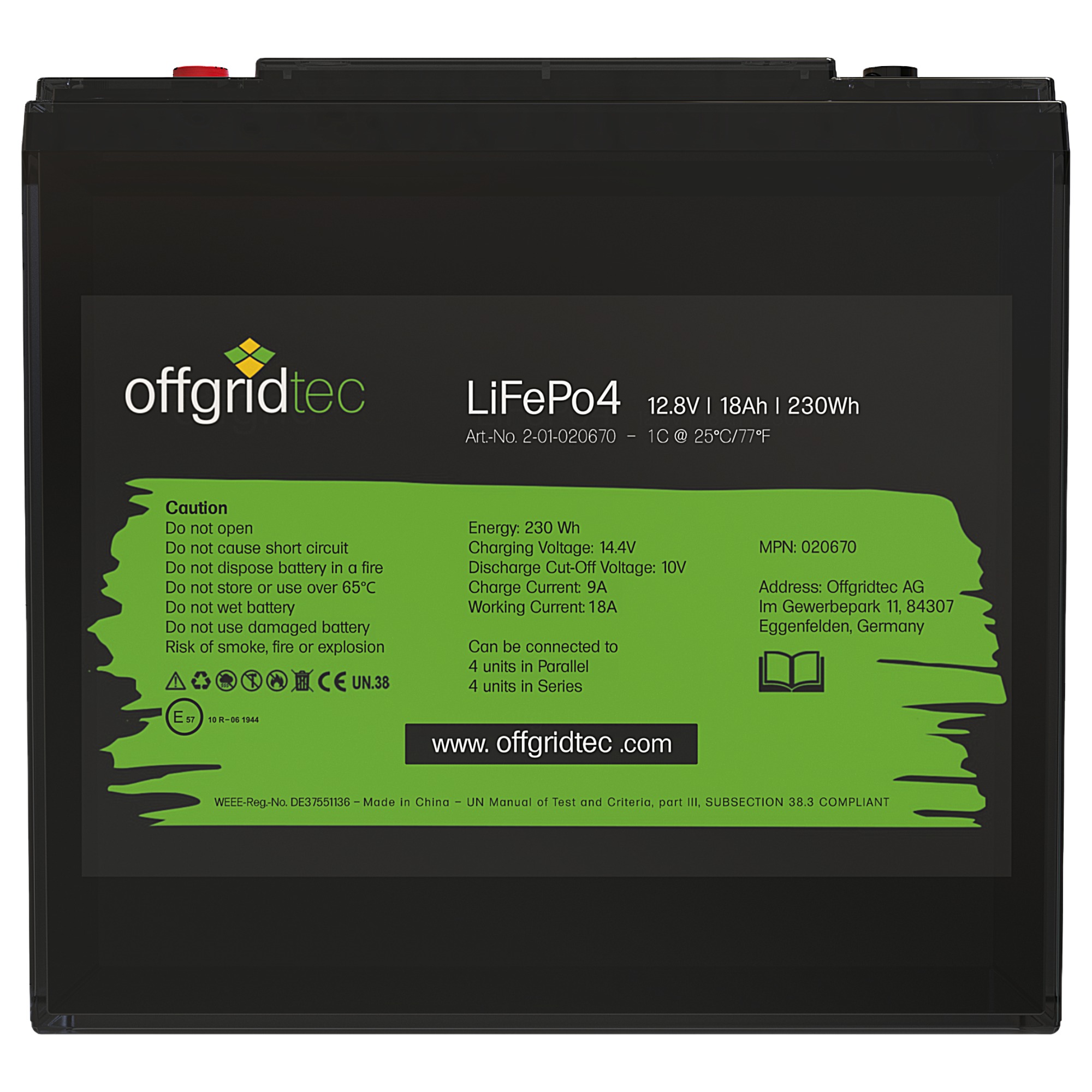 schwarze Offgridtec LiFePO4 Batterie 12V 18Ah Frontalansicht Etikett
