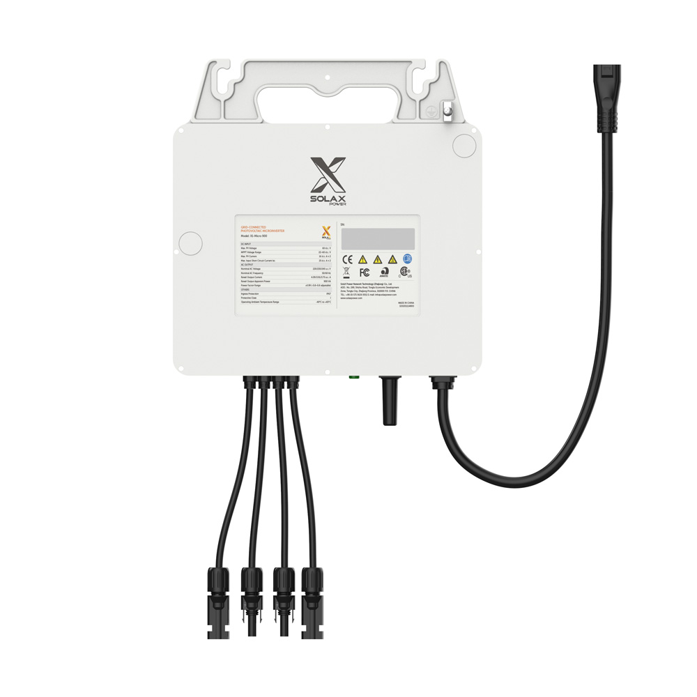 Frontansicht: Solax 2-in-1 Inverter mit hellgrauem Gehäuse und mehreren Anschlusskabeln unten & Montagelöchern