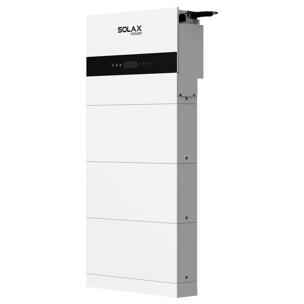 Schrägansicht von rechts: weißes Solax X1-IES Speichersystems mit Wechselrichter, 3 Batterien und BMS Schrägansicht von rechts: weißes Solax X3-IES Speichersystems mit Wechselrichter, 3 Batterien und BMS