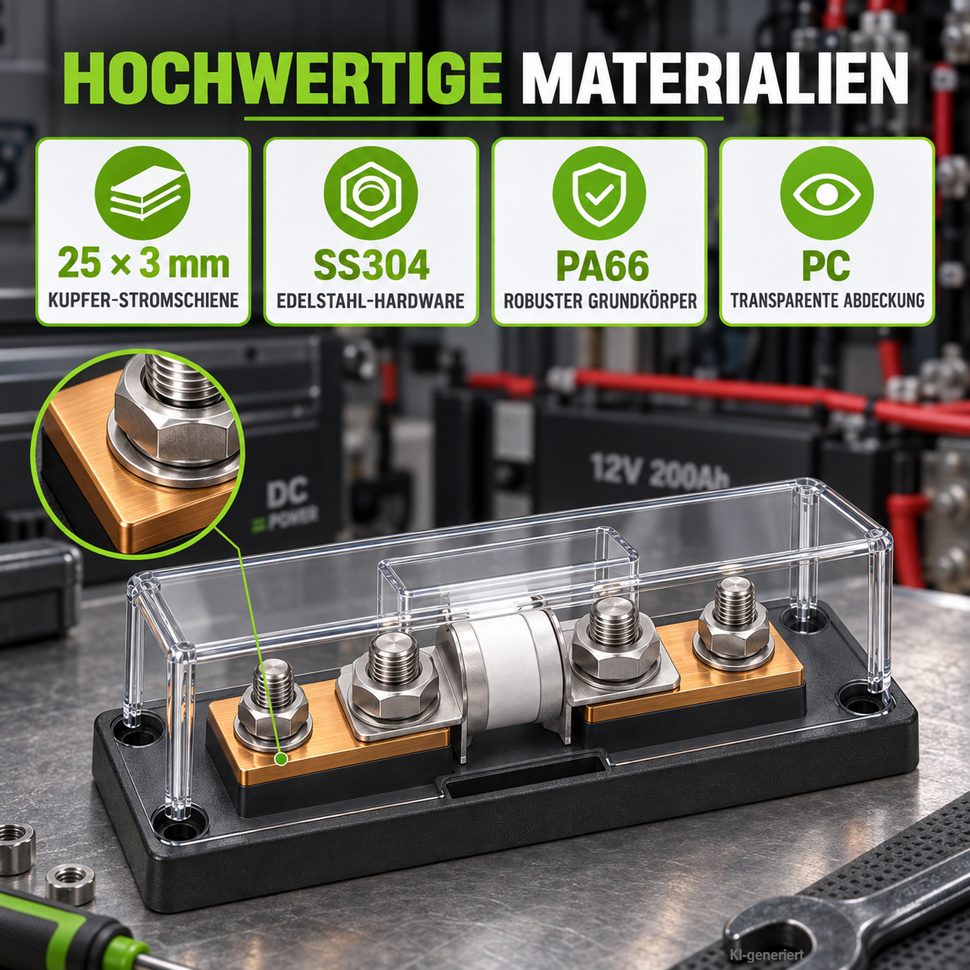 Class-T Sicherungshalter bis 200A auf grauer Oberfläche Materialien-Beschreibung