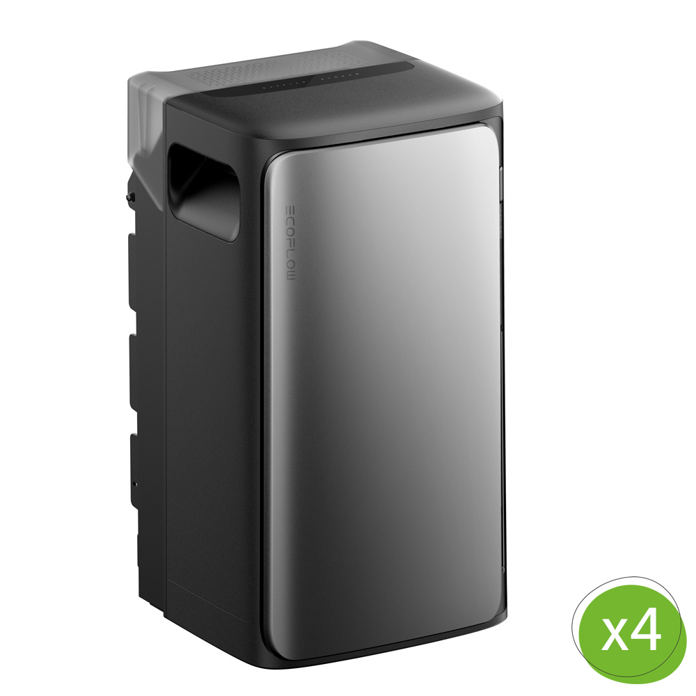 Schrägansicht: EcoFlow Stream AC Pro 1,92kWh Batterie; schwarz mit silberner Frontabdeckung; Mengenangabe "x4"