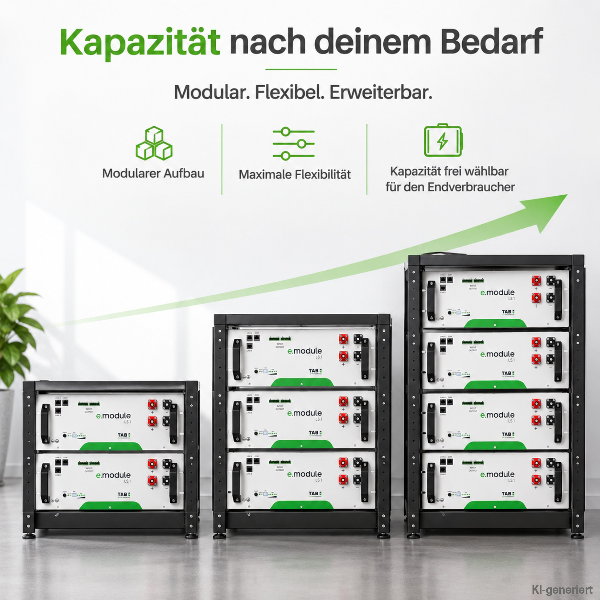Drei Türme mit weißen Batteriemodulen, 2, 3 und 4 Stück in schwarzem Rahmen