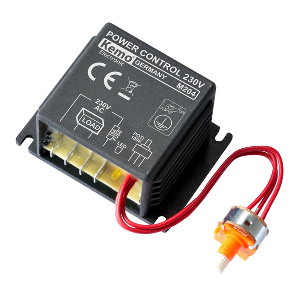 Schrägansicht des schwarzen Kemo M204 Leistungsreglers mit rotem Kabel