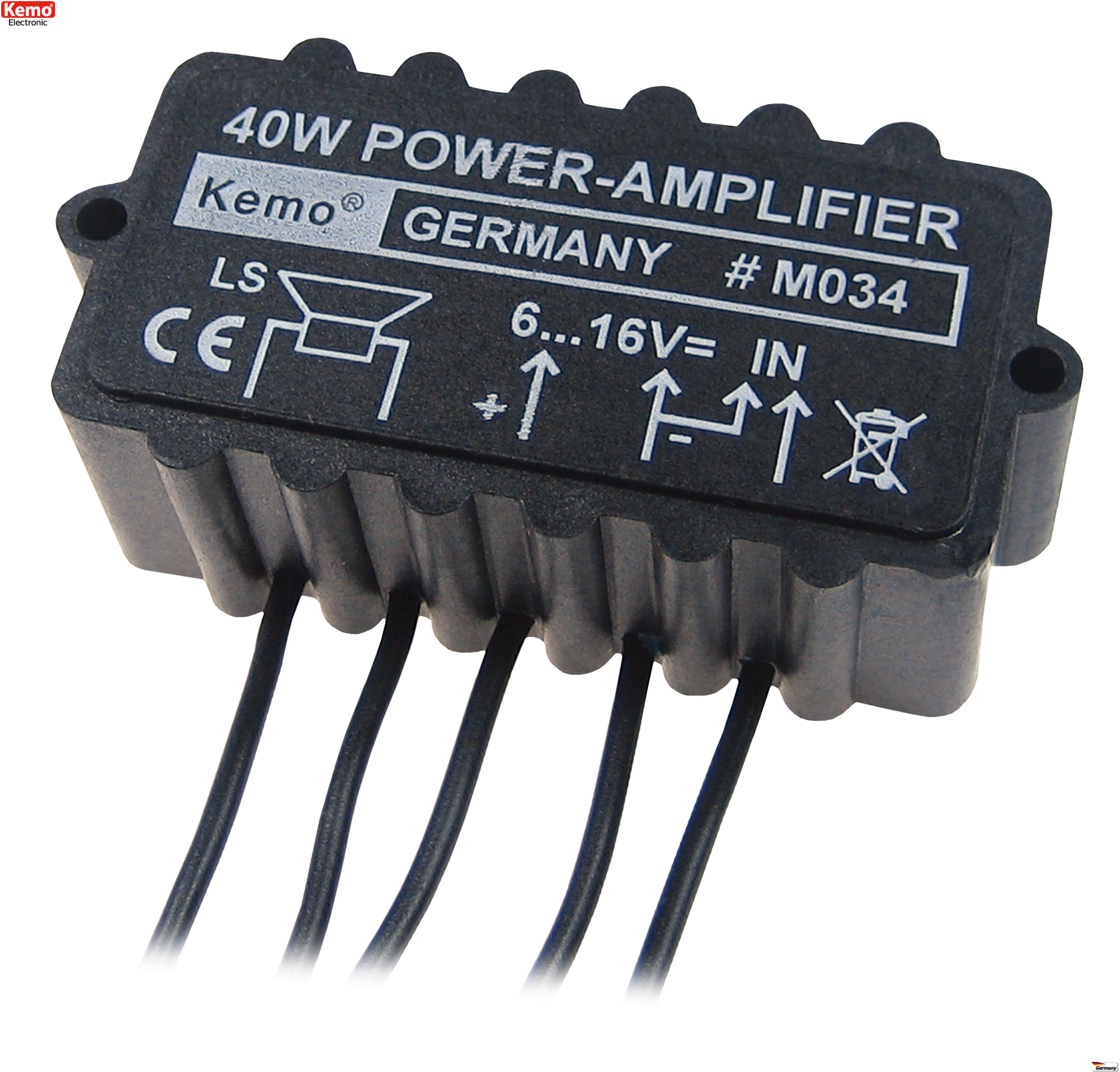 Schrägansicht des schwarzen Kemo M034 Verstärkers mit 40W