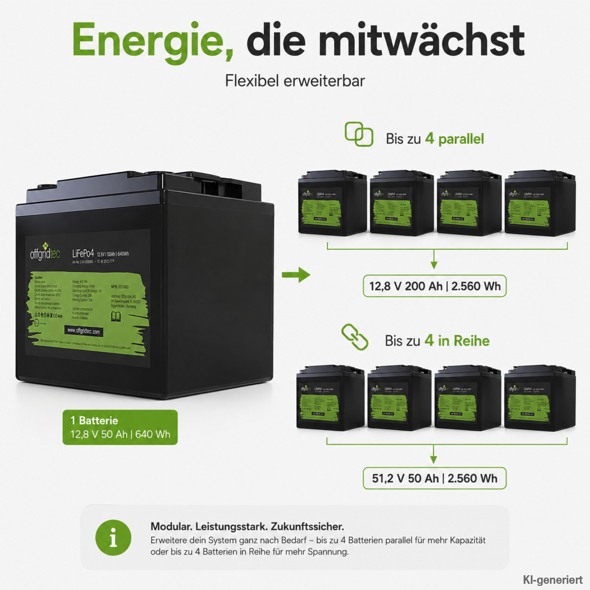 schwarze Offgridtec LiFePo4 Batterie 12V 50Ah Erweiterungsmöglichkeiten parallel und in Reihe