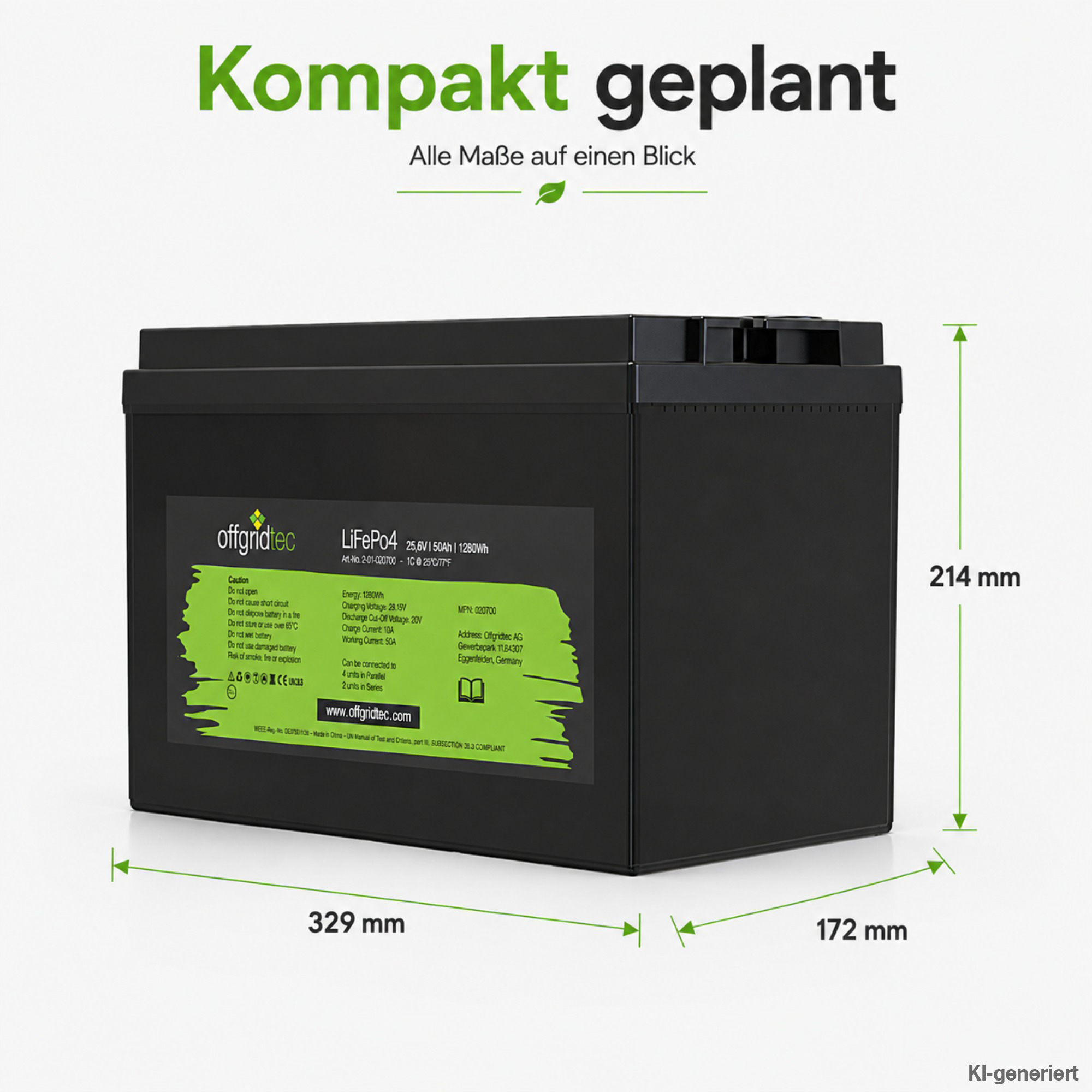 schwarze Offgridtec LiFePO4 Batterie 24V 50Ah Abmessungen