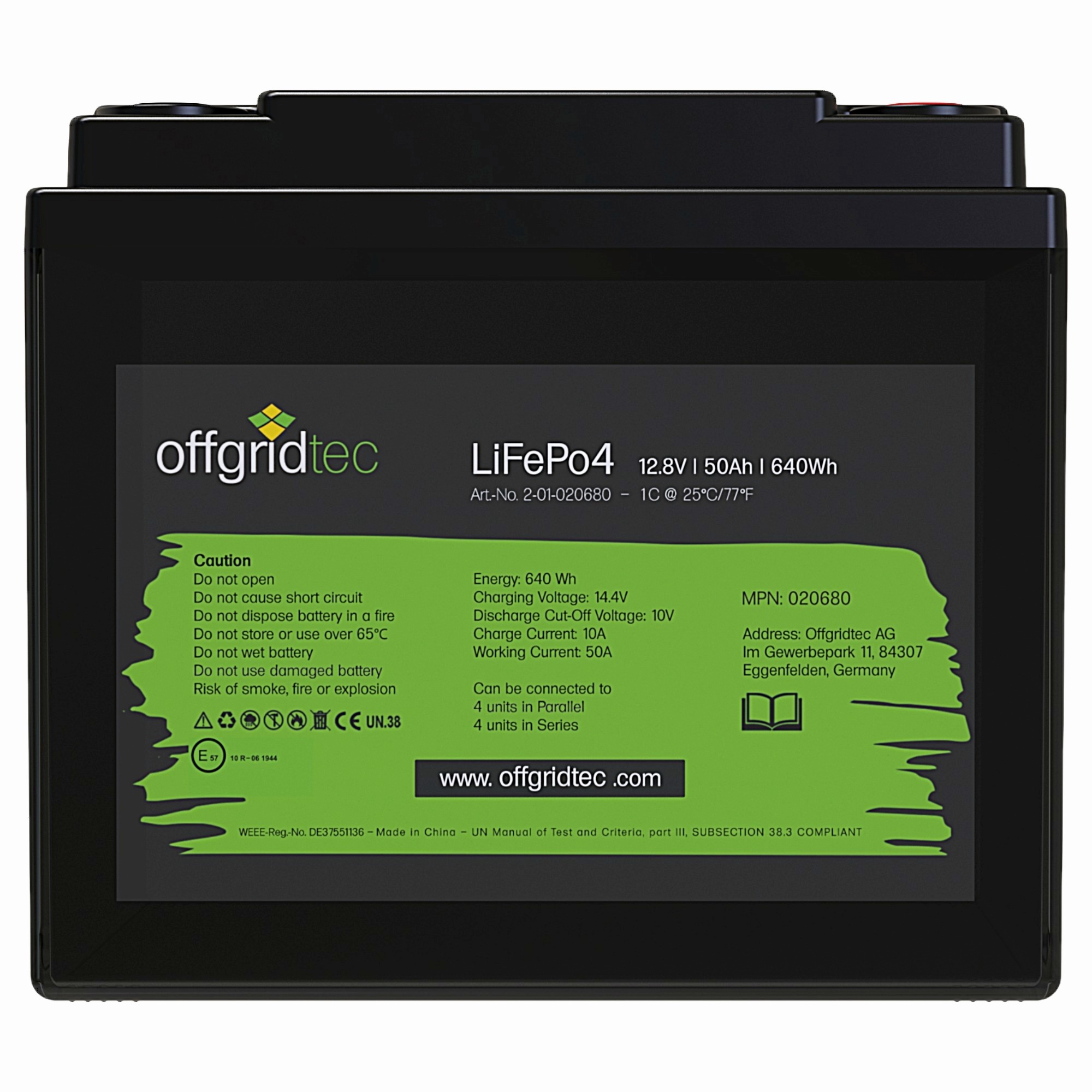 schwarze Offgridtec LiFePo4 Batterie 12V 50Ah Frontalansicht Etikett