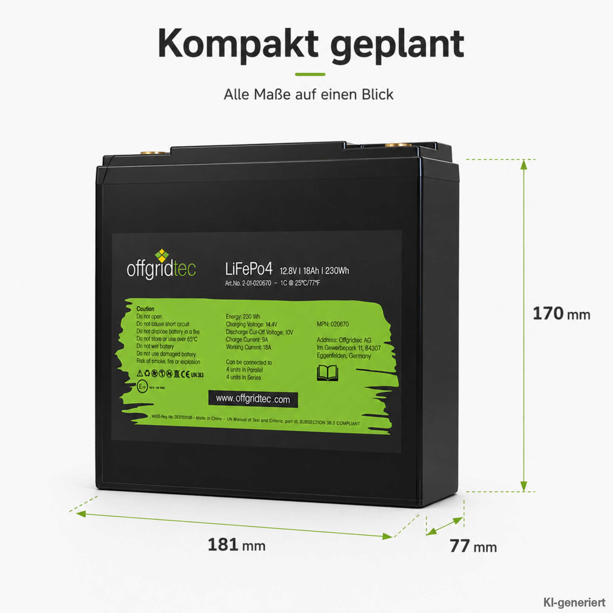 schwarze Offgridtec LiFePO4 Batterie 12V 18Ah Abmessungen