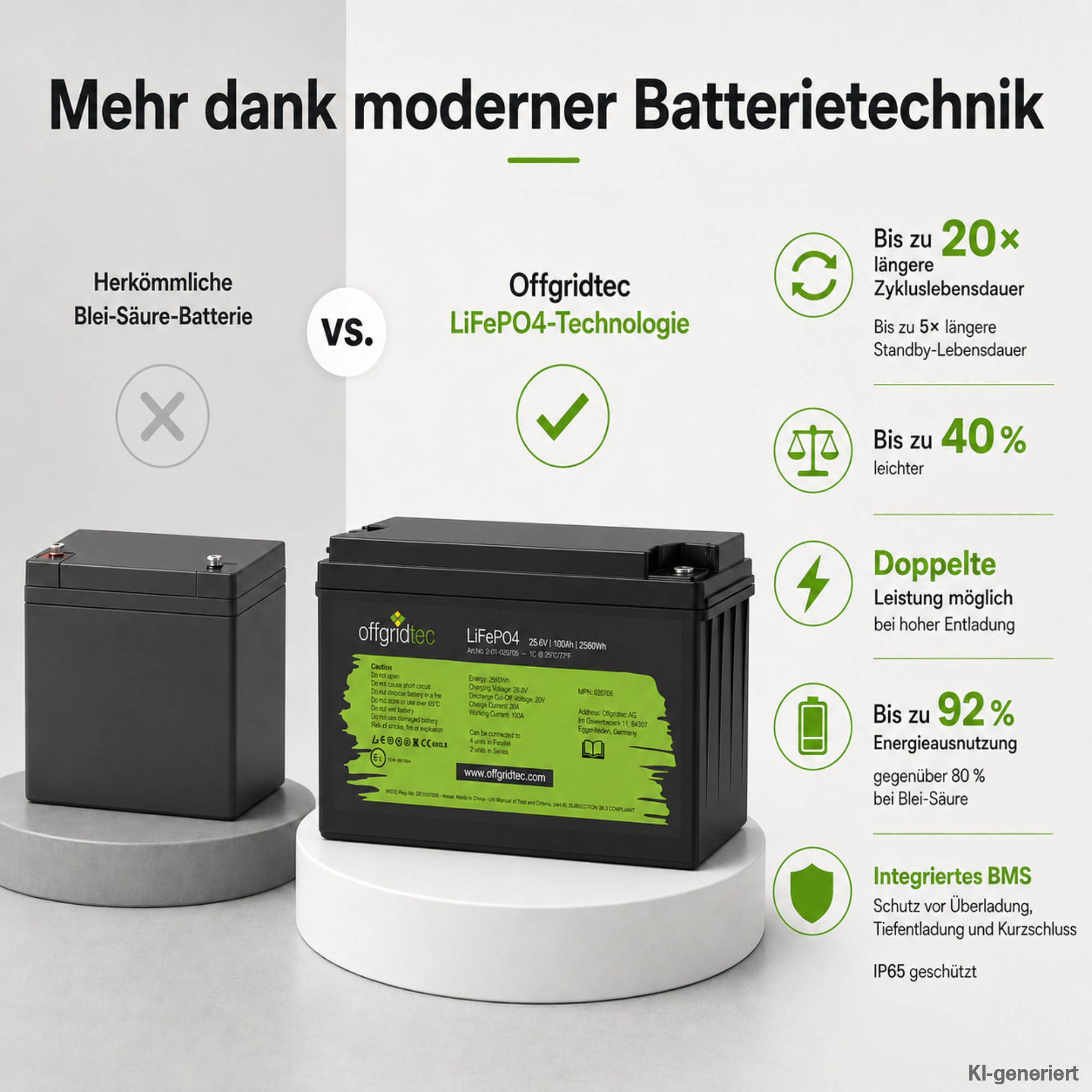 schwarze Offgridtec LiFePO4 Batterie 24V 100Ah Vergleich mit Blei-Säure-Akku