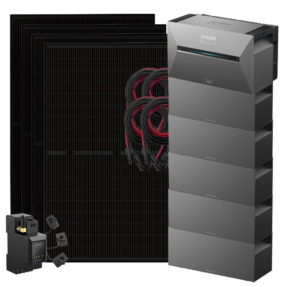 Setansicht: 4x Solarmodule, 1x Solix 3 Solarbank, 5x BP2700 Erweiterungsbatterie, 1x Stromzähler, 4x Kabel-Set