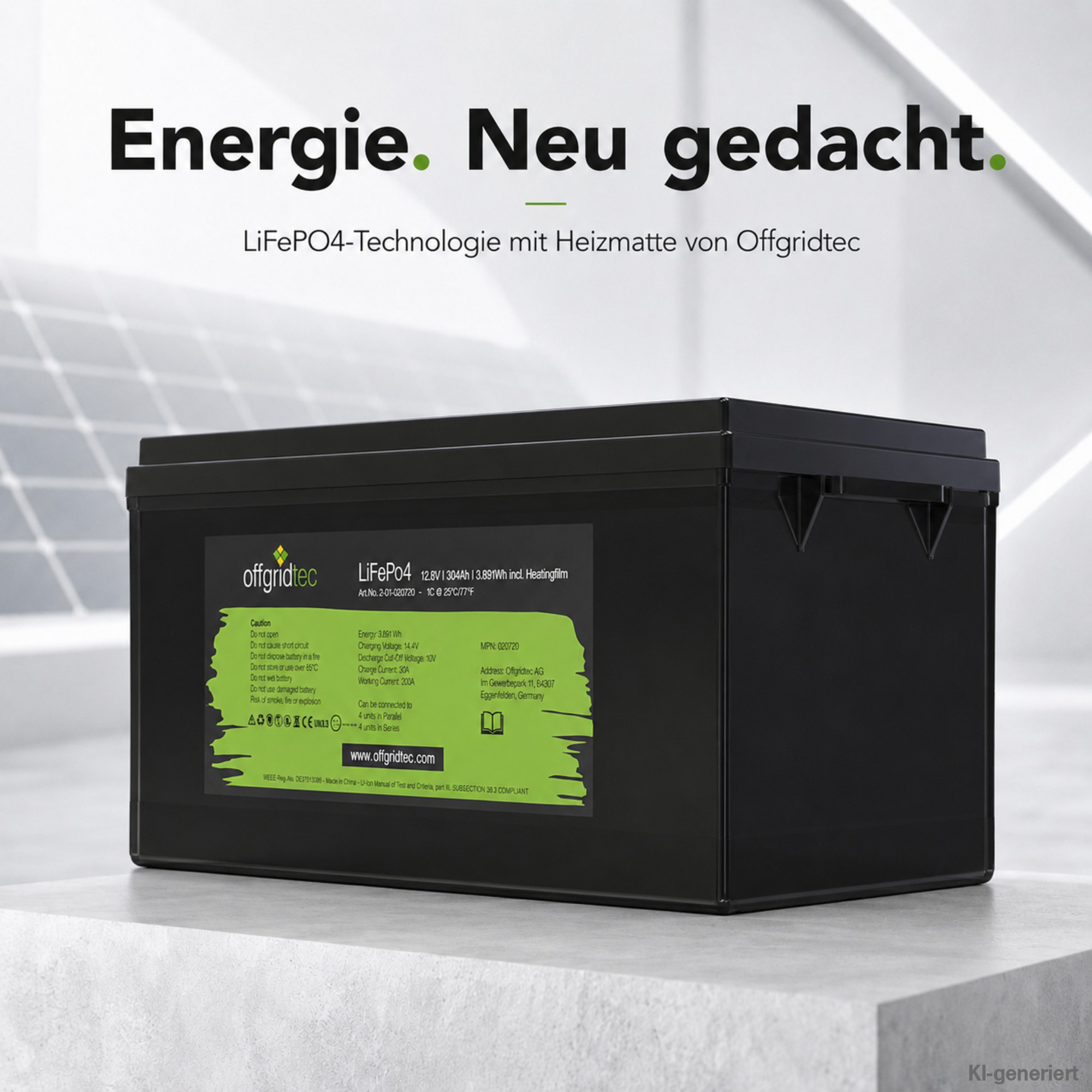 schwarze Offgridtec LiFePO4 Batterie 12V 304Ah mit Heizmatte auf grauem Untergrund