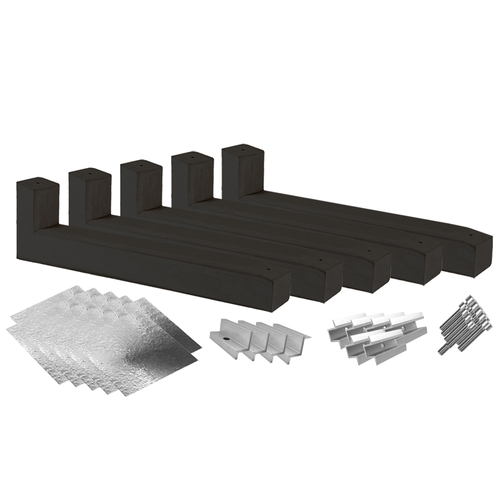 Wattstone PV surélevé Toit plat pour 4 modules solaires 10° Socle en béton Natte de protection du bâtiment doublée d'aluminium Montageset für 4 Solarmodule mit fünf 10° Wattstone Betonsockeln, Schutzmatten, Klemmen und Schrauben