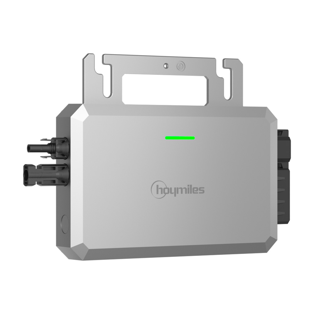 Schrägansicht von links: Grauer Hoymiles HF-800-2WB WiFi HiFlow Mikro-Wechselrichter mit Anschlüssen und Montagelöchern