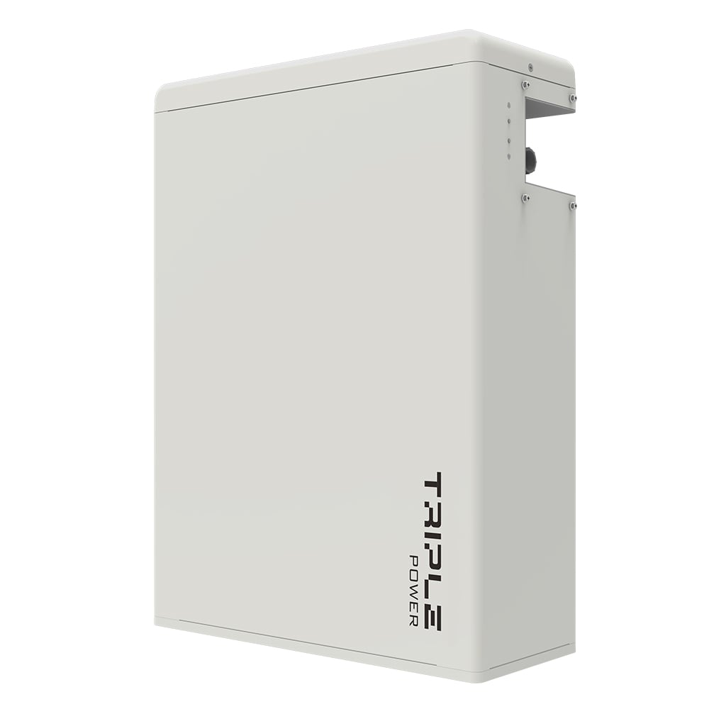 Schrägansicht von rechts: Weiße Solax HV11550 Slave Batterie 5,8 kWh mit TRIPLE Power Logo und LED-Statusanzeigen