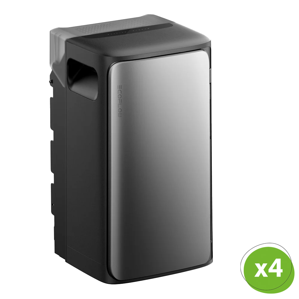 Schrägansicht: EcoFlow STREAM AC Pro Batterie;  schwarz mit einer silbernen Frontabdeckung; Mengenangabe "x4"